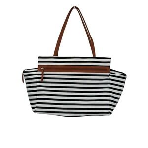 DSW Exclusive-Striped Overnighter Large Tote Bag Black White Canvas Strap Pocket